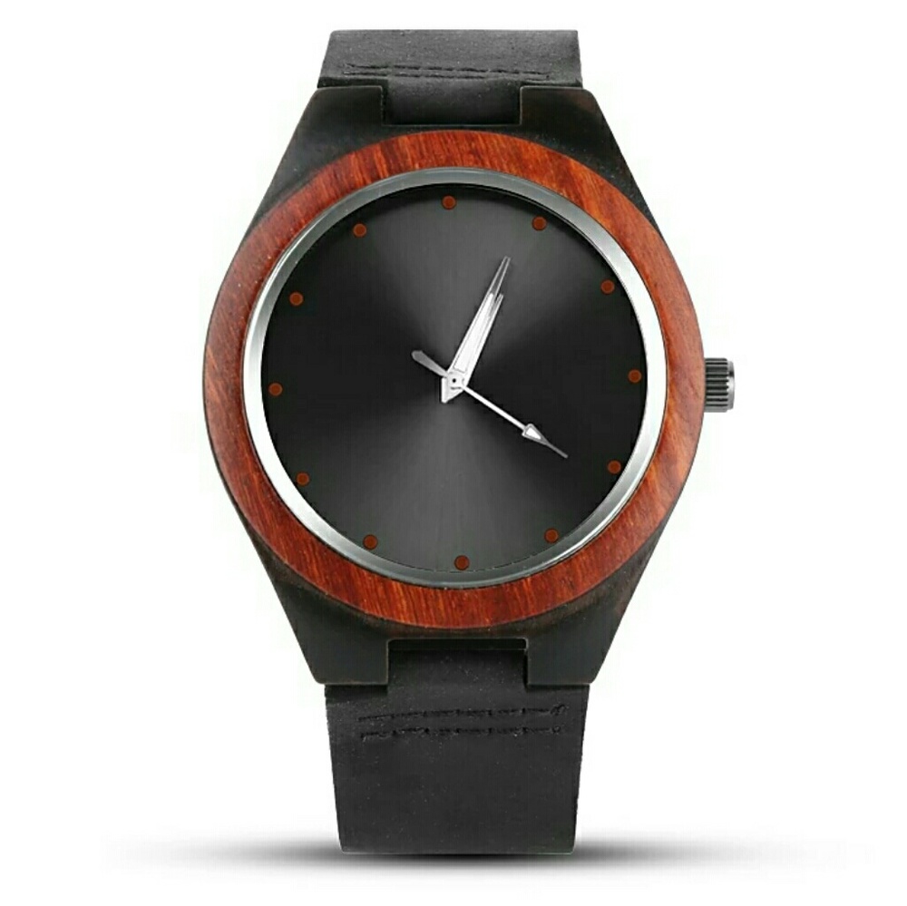 NEW MEN'S GENUINE BAMBOO WATCH W/LEATHER BAND - Picture 2 of 7